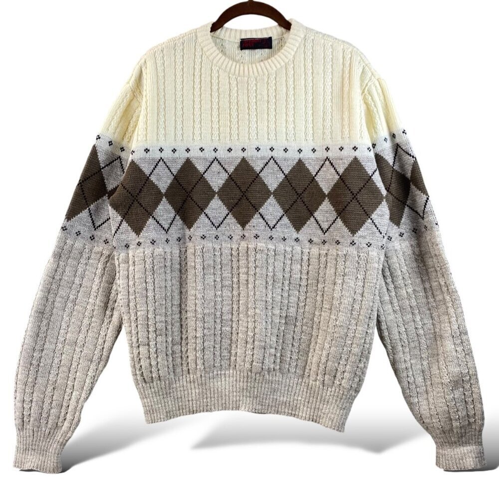 Vintage Anthony Foxx Argyle Sweater Mens Sz L Brown/Ivory Crew Neck Cable Knit